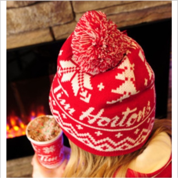 Tim Hortons Cap Kids Size Hat Sherpa Lined Red & White Knit Winter Toque Pompom - Picture 2 of 13